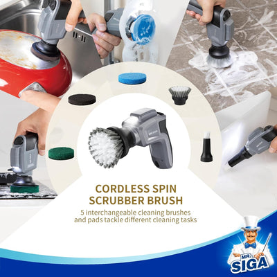 MR.SIGA Electric Spin Scrubber - Cordless Rechargeable Cleaning Brush for Kitchen and Bathroom with 5 Replaceable Brushes and Pads