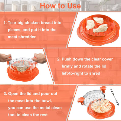 Large Chicken Shredder Tool with Brush and Fork, Ergonomic Design, Anti-Slip Grip, BPA Free, Ideal for Shredding Chicken, Pork, and Beef (Orange)