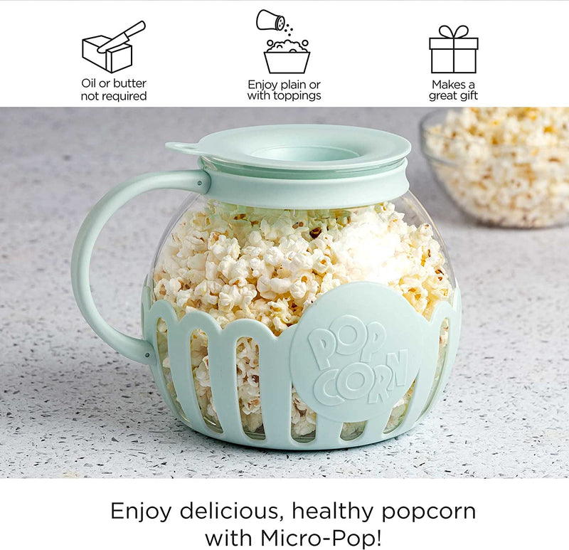 Ecolution Patented Micro-Pop Microwave Popcorn Popper - 3-Quart Aqua, Temperature Safe Glass, 3-in-1 Lid for Measuring Kernels and Melting Butter, BPA-Free and Dishwasher Safe