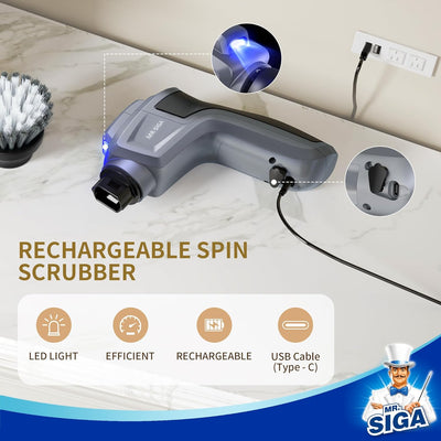 MR.SIGA Electric Spin Scrubber - Cordless Rechargeable Cleaning Brush for Kitchen and Bathroom with 5 Replaceable Brushes and Pads