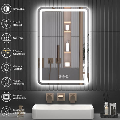 Rectangle LED Backlit Bathroom Mirror with Adjustable Lighting, Wall-Mounted Vanity Mirror 3000K/4000K/6000K, Memory Function, Anti-Fog Technology, Dimmable Smart Mirror (20" x 28")