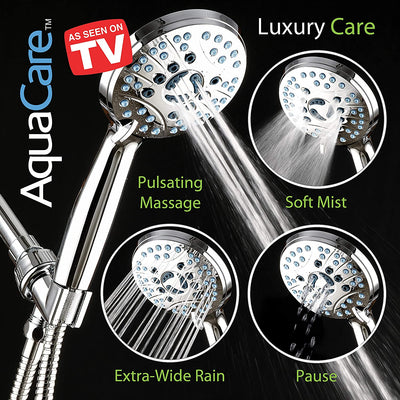 Aquacare Professional High-Pressure 8-Function Handheld Shower Head with Anti-Clog Nozzles and Integrated Power Wash for Tub, Tile, and Pet Cleaning, Featuring an Extra Long 6 Ft. Stainless Steel Hose with Wall and Overhead Brackets