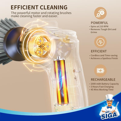 MR.SIGA Electric Spin Scrubber - Cordless Rechargeable Cleaning Brush for Kitchen and Bathroom with 5 Replaceable Brushes and Pads