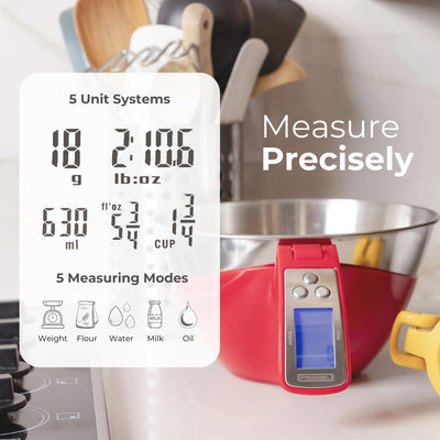 Fradel Digital Kitchen Food Scale with Removable Dishwasher-Safe Mixing Bowl - 11 lb Capacity, Grams & Ounces Measurement - Red