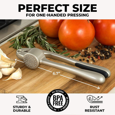 Zulay Kitchen Premium Garlic Press Set - Rust-Resistant and Dishwasher-Safe Professional Mincer with Ergonomic Handle, Includes Silicone Peeler and Brush (Silver)