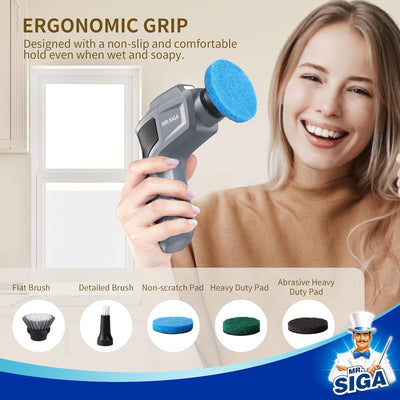 MR.SIGA Electric Spin Scrubber - Cordless Rechargeable Cleaning Brush for Kitchen and Bathroom with 5 Replaceable Brushes and Pads