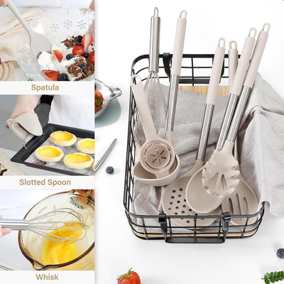 28-Piece Silicone Kitchen Utensils Set with Holder, Including Spatulas, Whisk, Scissors, Measuring Cups and Spoons with Stainless Steel Handles (Khaki)