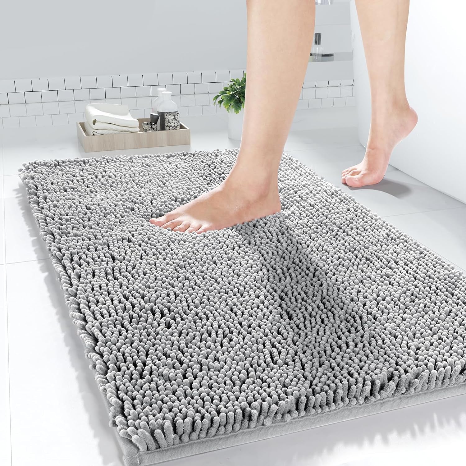 Yimobra Chenille Bath Rug, 24x17 Inches, Ultra-Soft and Absorbent Non-Slip Mat for Bathroom Floors, Machine Washable Plush Mat in Gray