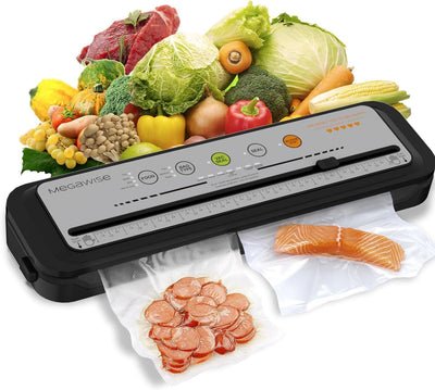 2023 Enhanced MEGAWISE Vacuum Sealer Machine with Starter Kit, Dry & Moist Food Modes, Compact Design, Includes 10 Vacuum Bags and Built-In Cutter (Grey)