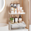 Delamu 2-Tier Bathroom Organizer with 2 Drawers, Multi-Purpose Makeup and Skincare Storage, Elegant Clear Vanity Organizer