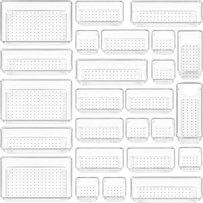 Vtopmart 25-Piece Clear Plastic Drawer Organizer Set - Versatile Storage Solutions for Bathroom, Vanity, Makeup, Kitchen Utensils, and Office Supplies
