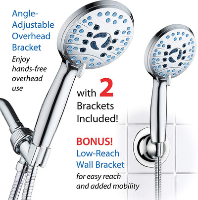 Aquacare Professional High-Pressure 8-Function Handheld Shower Head with Anti-Clog Nozzles and Integrated Power Wash for Tub, Tile, and Pet Cleaning, Featuring an Extra Long 6 Ft. Stainless Steel Hose with Wall and Overhead Brackets