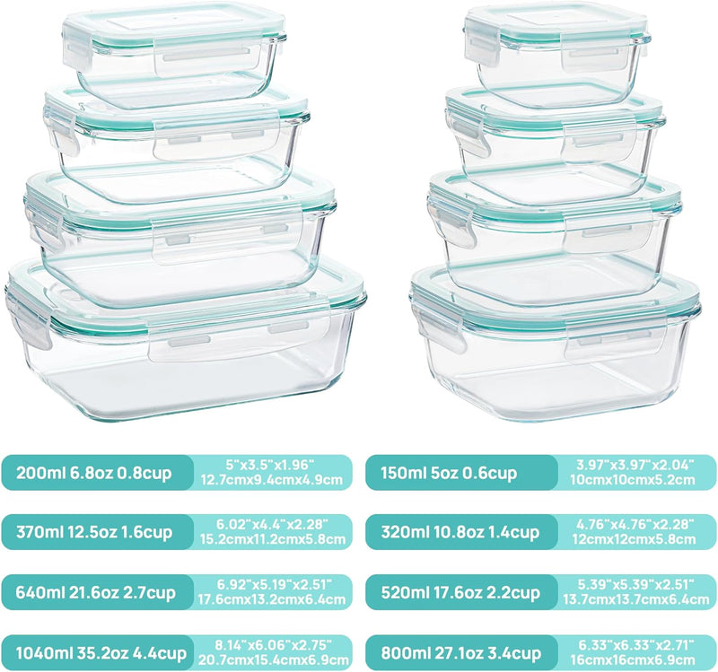 Vtopmart 8-Pack Glass Food Storage Containers with Airtight Lids - Versatile Meal Prep Bento Boxes for Microwave, Oven, Freezer, and Dishwasher - BPA Free