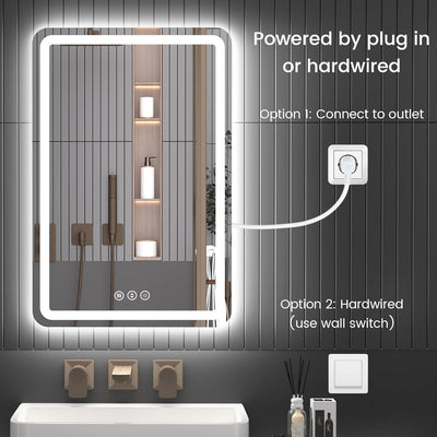 Rectangle LED Backlit Bathroom Mirror with Adjustable Lighting, Wall-Mounted Vanity Mirror 3000K/4000K/6000K, Memory Function, Anti-Fog Technology, Dimmable Smart Mirror (20" x 28")