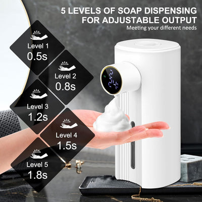 Automatic Touchless Foam Soap Dispenser - Rechargeable Modern White Plastic Countertop with 5 Adjustable Settings for Kitchen and Bathroom Use