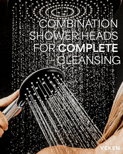 Veken High Pressure Rain Shower Head Set with Extension Arm - Versatile Dual Shower System with 6 Handheld Spray Options and Anti-Clog Nozzles - Silver Chrome Finish