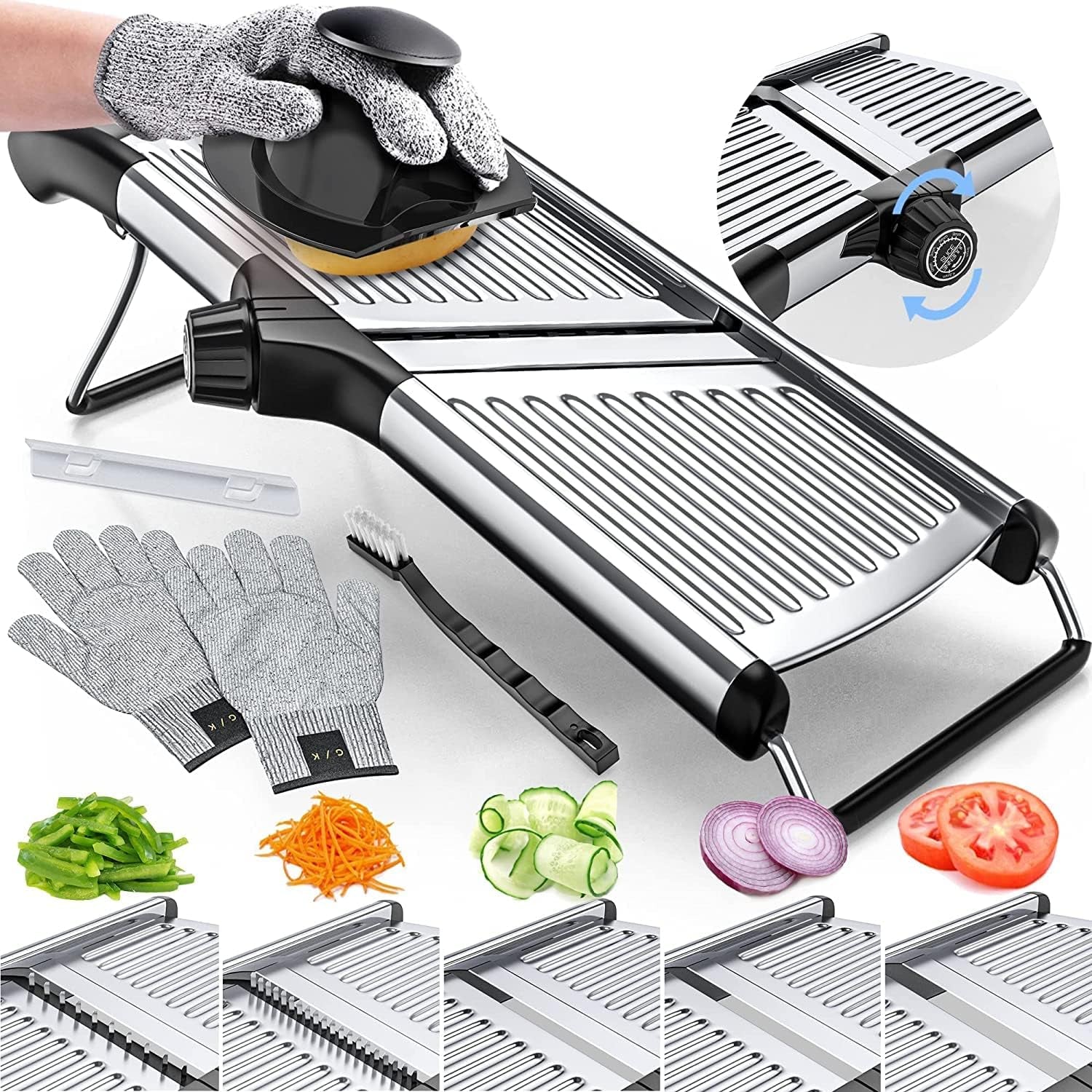 Gramercy Adjustable Stainless Steel Mandoline Food Slicer with Cut-Resistant Gloves - Versatile Kitchen Tool for Slicing Potatoes, Tomatoes, Carrots, and Onions