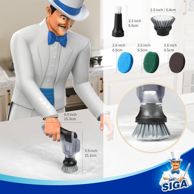 MR.SIGA Electric Spin Scrubber - Cordless Rechargeable Cleaning Brush for Kitchen and Bathroom with 5 Replaceable Brushes and Pads