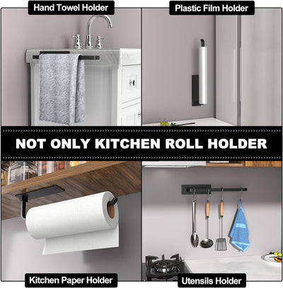 Matte Black Upgraded Aluminum Paper Towel Holder - Self-Adhesive or Drill Installation for Under-Cabinet Use, Lightweight and Durable Alternative to Stainless Steel