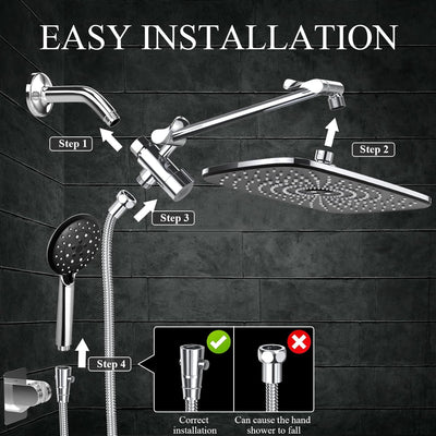 Veken High Pressure Rain Shower Head Set with Extension Arm - Versatile Dual Shower System with 6 Handheld Spray Options and Anti-Clog Nozzles - Silver Chrome Finish