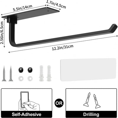 Matte Black Upgraded Aluminum Paper Towel Holder - Self-Adhesive or Drill Installation for Under-Cabinet Use, Lightweight and Durable Alternative to Stainless Steel