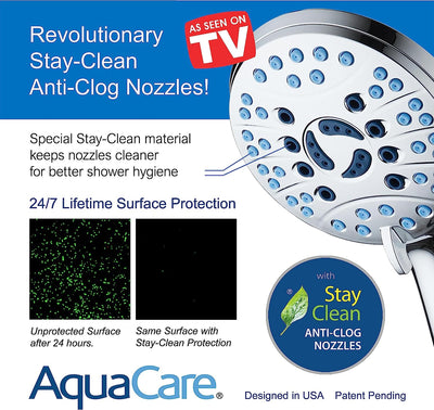 Aquacare Professional High-Pressure 8-Function Handheld Shower Head with Anti-Clog Nozzles and Integrated Power Wash for Tub, Tile, and Pet Cleaning, Featuring an Extra Long 6 Ft. Stainless Steel Hose with Wall and Overhead Brackets