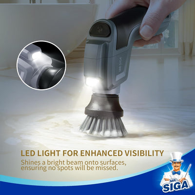 MR.SIGA Electric Spin Scrubber - Cordless Rechargeable Cleaning Brush for Kitchen and Bathroom with 5 Replaceable Brushes and Pads