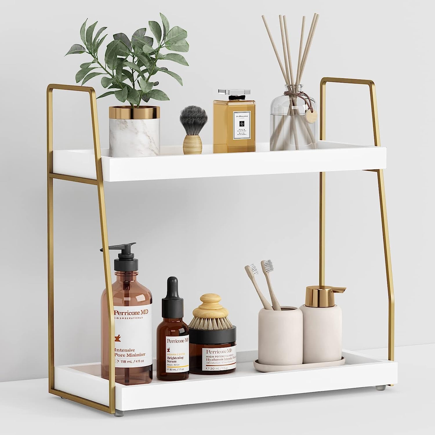 Forbena 2-Tier Wooden Bathroom Countertop Organizer with Gold Accents - Elegant Vanity Storage Solution for Makeup and Decor