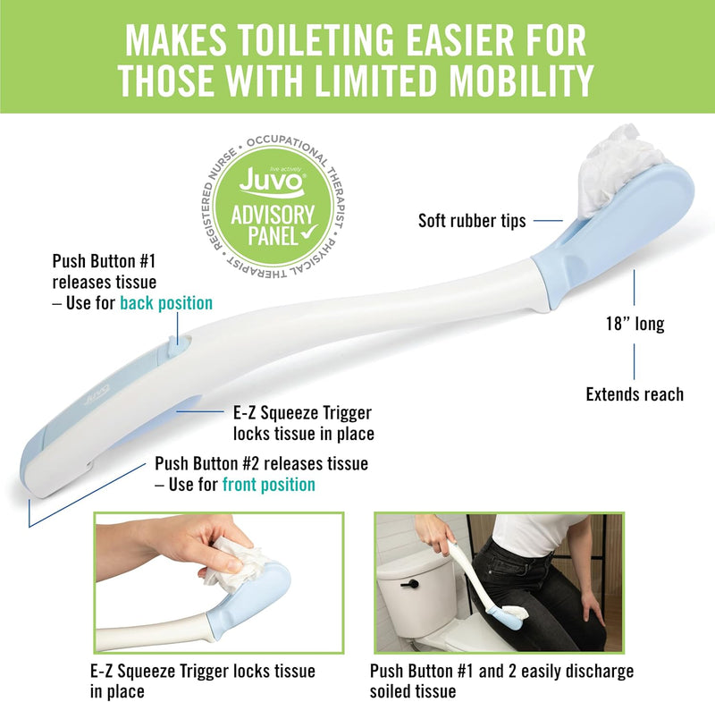 Juvo Toilet Aid - Personal Hygiene Wiping Tool for Enhanced Bathroom Mobility for Disabled, Elderly, and Post-Surgery Care - 18-Inch Wand with Hygienic Cover