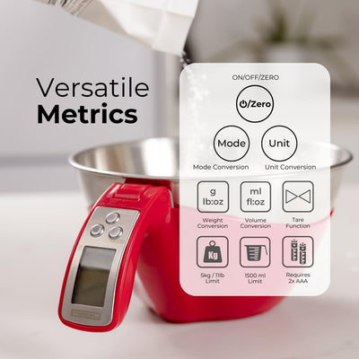 Fradel Digital Kitchen Food Scale with Removable Dishwasher-Safe Mixing Bowl - 11 lb Capacity, Grams & Ounces Measurement - Red