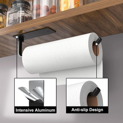 Matte Black Upgraded Aluminum Paper Towel Holder - Self-Adhesive or Drill Installation for Under-Cabinet Use, Lightweight and Durable Alternative to Stainless Steel