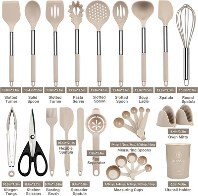 28-Piece Silicone Kitchen Utensils Set with Holder, Including Spatulas, Whisk, Scissors, Measuring Cups and Spoons with Stainless Steel Handles (Khaki)