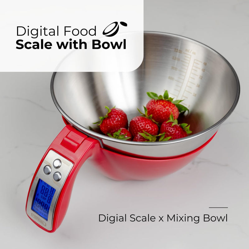 Fradel Digital Kitchen Food Scale with Removable Dishwasher-Safe Mixing Bowl - 11 lb Capacity, Grams & Ounces Measurement - Red