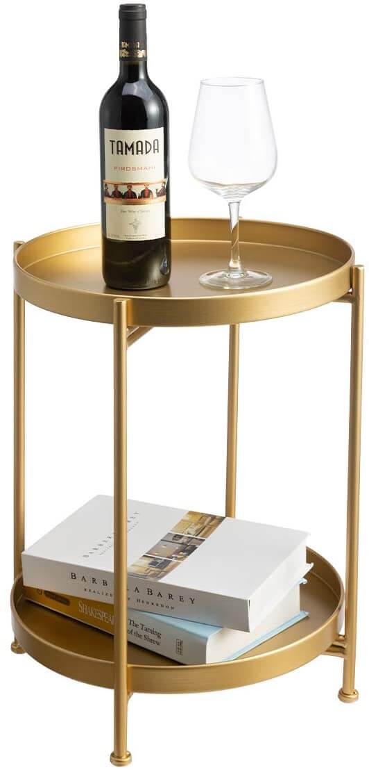 Gold Folding End Table 2-Tier Metal Round Side Table with Removable Tray (15.2”Dx20”H)